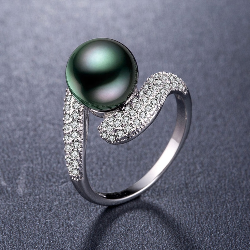 925 Silver Black Pearl Size 8